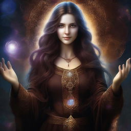 An ultra high-definition, highly detailed digital art image showcasing a female wizard with long brown hair