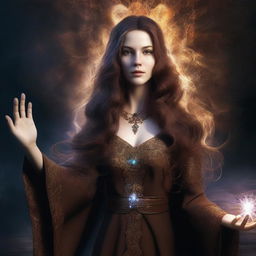 An ultra high-definition, highly detailed digital art image showcasing a female wizard with long brown hair