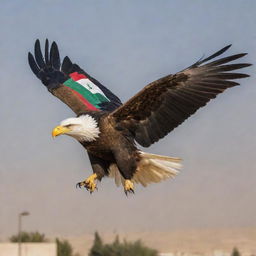 An eagle in flight, brilliantly delineated with the colors and symbols of the Iraqi flag