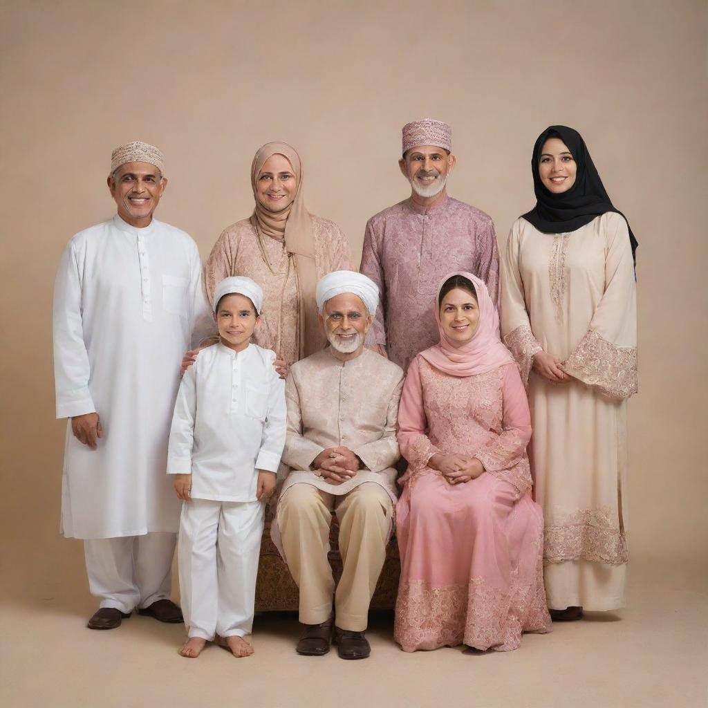 A heartwarming family portrait featuring a Muslim grandfather, grandmother, father, mother, uncle, aunty, and three kids, all wearing traditional clothing and radiating happiness.