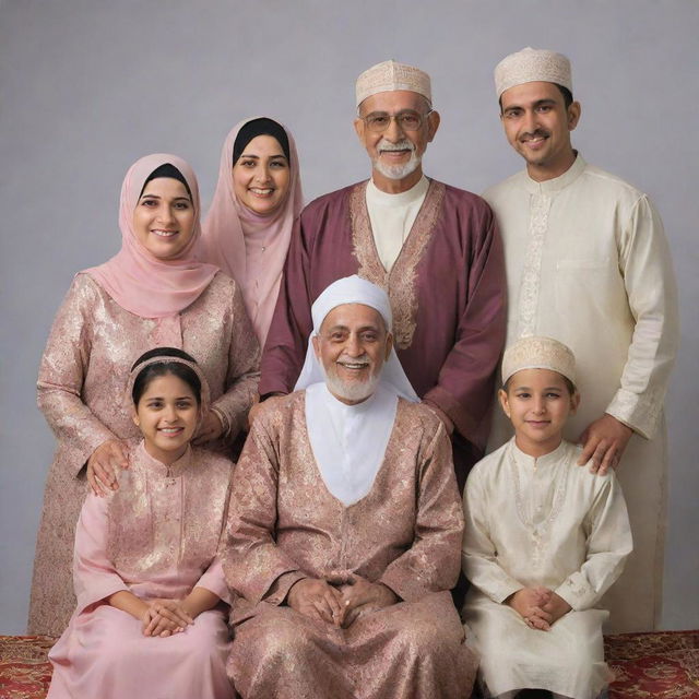 A heartwarming family portrait featuring a Muslim grandfather, grandmother, father, mother, uncle, aunty, and three kids, all wearing traditional clothing and radiating happiness.