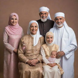 A heartwarming family portrait featuring a Muslim grandfather, grandmother, father, mother, uncle, aunty, and three kids, all wearing traditional clothing and radiating happiness.