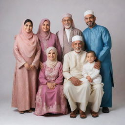 A heartwarming family portrait featuring a Muslim grandfather, grandmother, father, mother, uncle, aunty, and three kids, all wearing traditional clothing and radiating happiness.