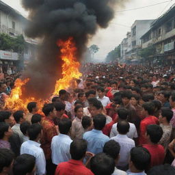 Realistic photo depicting a street demonstration in Indonesia, with people and surrounding fire