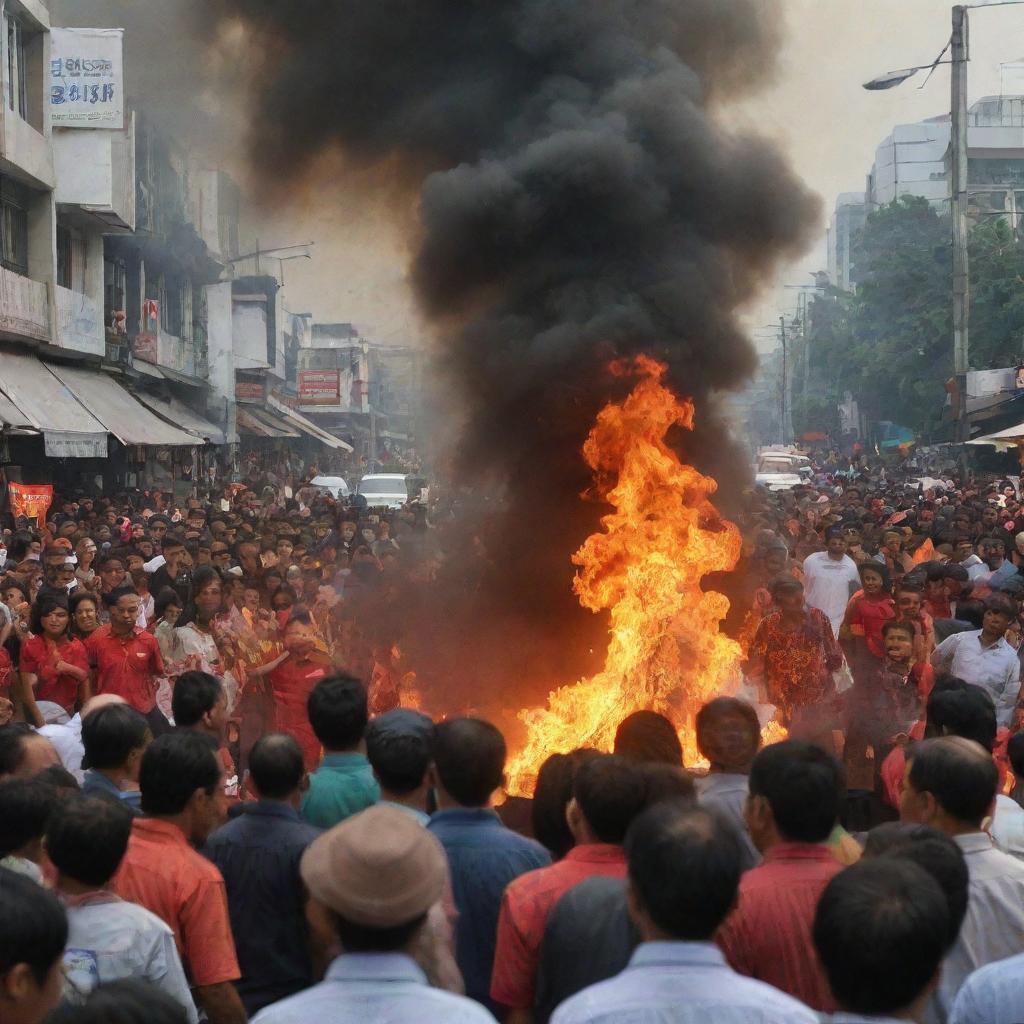 Realistic photo depicting a street demonstration in Indonesia, with people and surrounding fire