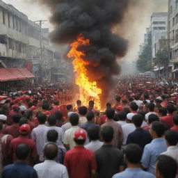 Realistic photo depicting a street demonstration in Indonesia, with people and surrounding fire