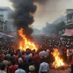 Realistic photo depicting a street demonstration in Indonesia, with people and surrounding fire