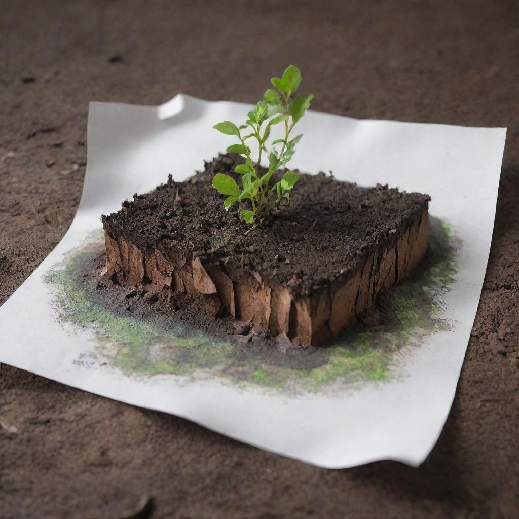 A realistic, detailed depiction of a piece of paper rotting on the Earth's natural environment.