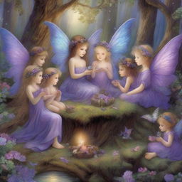 A charming, high-quality digital art image that captures a fairy party in the style of James C Christensen, Josephine Wall, and Brian Froud