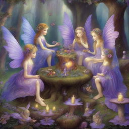 A charming, high-quality digital art image that captures a fairy party in the style of James C Christensen, Josephine Wall, and Brian Froud