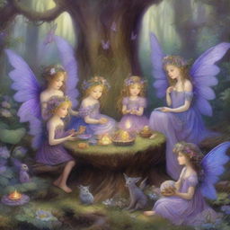 A charming, high-quality digital art image that captures a fairy party in the style of James C Christensen, Josephine Wall, and Brian Froud