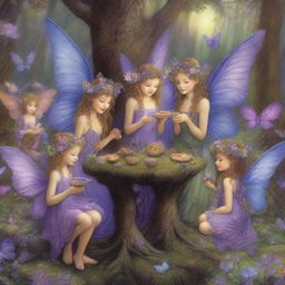 A charming, high-quality digital art image that captures a fairy party in the style of James C Christensen, Josephine Wall, and Brian Froud