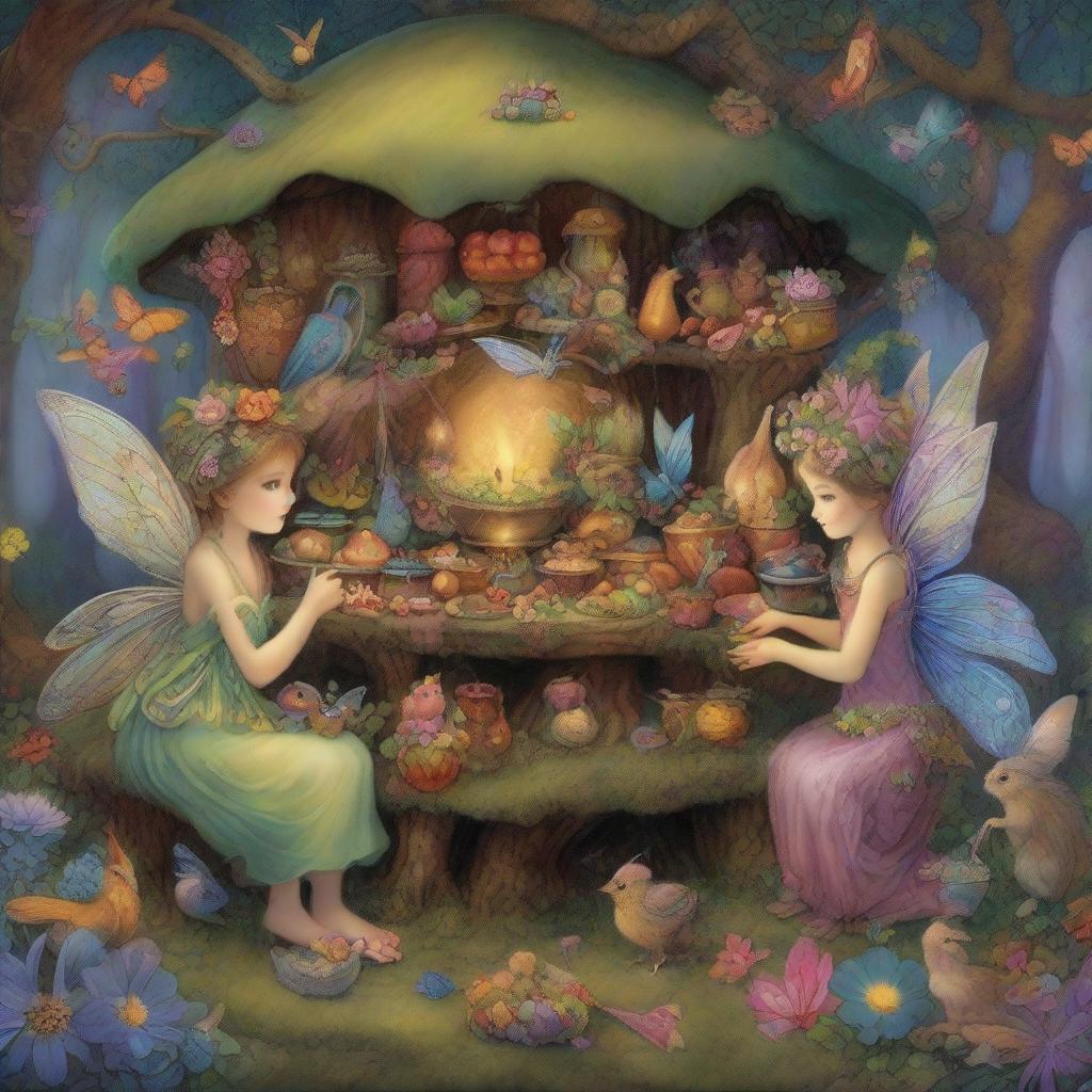 A whimsical, high-resolution digital art image that captures a scene from a fairy market in a magical forest, in the style of James C Christensen, Josephine Wall, and Brian Froud