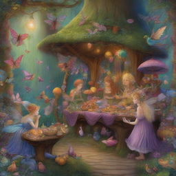 A whimsical, high-resolution digital art image that captures a scene from a fairy market in a magical forest, in the style of James C Christensen, Josephine Wall, and Brian Froud