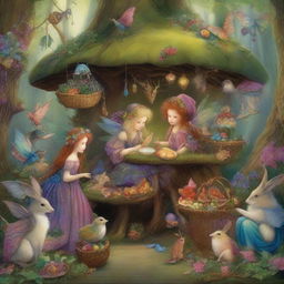 A whimsical, high-resolution digital art image that captures a scene from a fairy market in a magical forest, in the style of James C Christensen, Josephine Wall, and Brian Froud