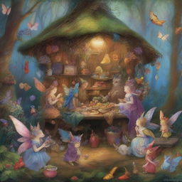 A whimsical, high-resolution digital art image that captures a scene from a fairy market in a magical forest, in the style of James C Christensen, Josephine Wall, and Brian Froud