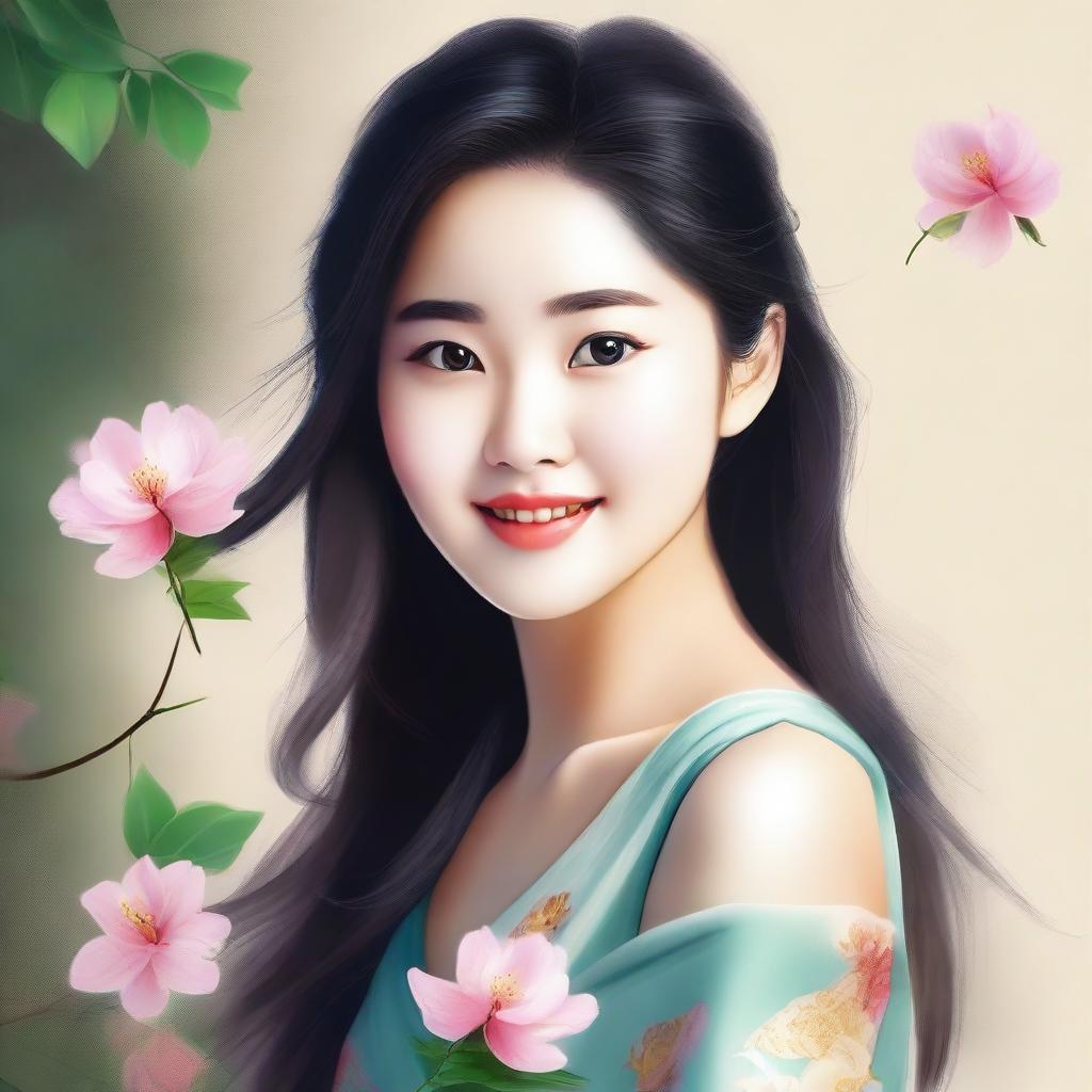 A high-quality digital art piece featuring a beautiful Asian girl