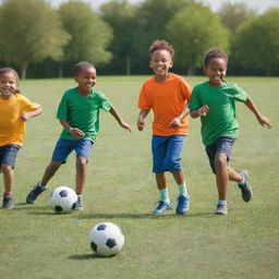 Three joyful children in brightly colored clothing fully engrossed in a friendly game of football on a well-manicured green grass field, under a clear, sunlit sky