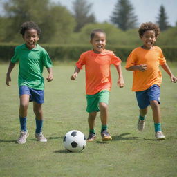 Three joyful children in brightly colored clothing fully engrossed in a friendly game of football on a well-manicured green grass field, under a clear, sunlit sky