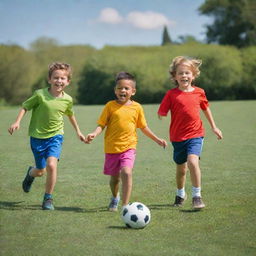 Three joyful children in brightly colored clothing fully engrossed in a friendly game of football on a well-manicured green grass field, under a clear, sunlit sky