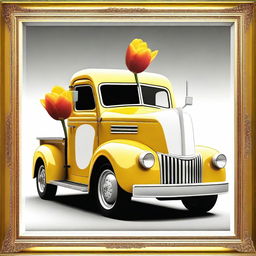 A vibrant digital art piece showcasing a yellow and white truck, adorned with a red tulip on its surface