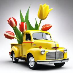 A vibrant digital art piece showcasing a yellow and white truck, adorned with a red tulip on its surface