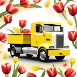 A vibrant digital art piece showcasing a yellow and white truck, adorned with a red tulip on its surface