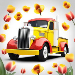 A vibrant digital art piece showcasing a yellow and white truck, adorned with a red tulip on its surface