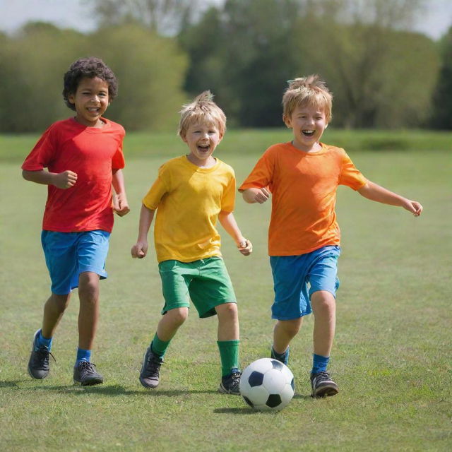 Three joyful children in brightly colored clothing fully engrossed in a friendly game of football on a well-manicured green grass field, under a clear, sunlit sky