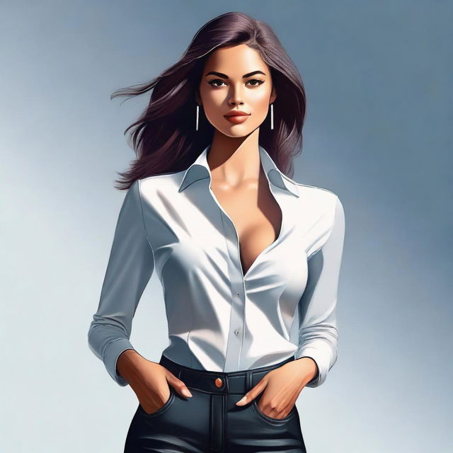 A high-quality digital art image featuring a confident and attractive woman