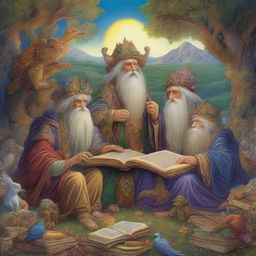 A highly detailed, richly colored digital art image in the style of Josephine Wall, James C Christensen, and Brian Froud