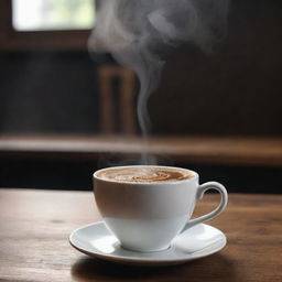 A freshly brewed cup of coffee with a rich dark swirl on top, steam rising from it, placed on a wooden table, in 8k resolution