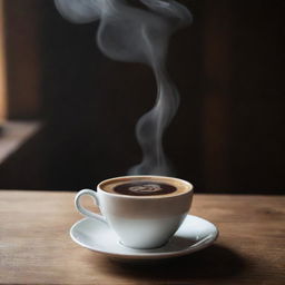 A freshly brewed cup of coffee with a rich dark swirl on top, steam rising from it, placed on a wooden table, in 8k resolution