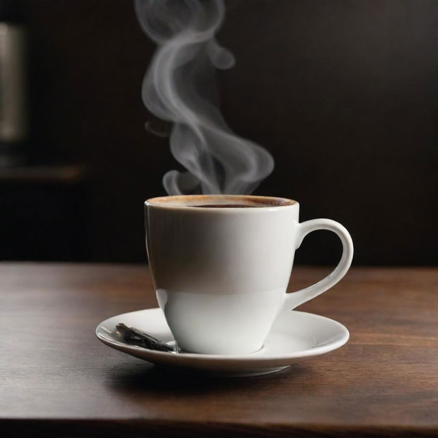 A freshly brewed cup of coffee with a rich dark swirl on top, steam rising from it, placed on a wooden table, in 8k resolution