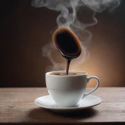 A freshly brewed cup of coffee with a rich dark swirl on top, steam rising from it, placed on a wooden table, in 8k resolution