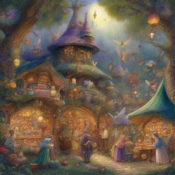 A vibrant, high-quality digital art image illustrating a bustling fairy market in a magical forest, in the style of James C Christensen, Josephine Wall, and Brian Froud