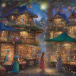 A vibrant, high-quality digital art image illustrating a bustling fairy market in a magical forest, in the style of James C Christensen, Josephine Wall, and Brian Froud