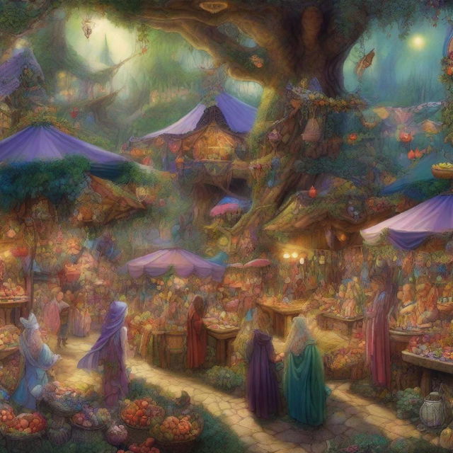 A vibrant, high-quality digital art image illustrating a bustling fairy market in a magical forest, in the style of James C Christensen, Josephine Wall, and Brian Froud