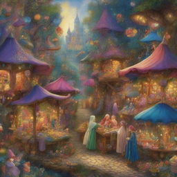 A vibrant, high-quality digital art image illustrating a bustling fairy market in a magical forest, in the style of James C Christensen, Josephine Wall, and Brian Froud