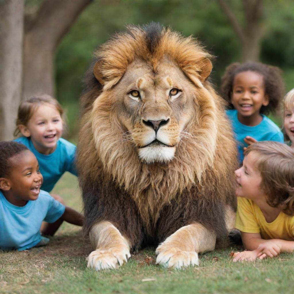 A majestic lion surrounded by playful, joyous children in a calm, safe setting.