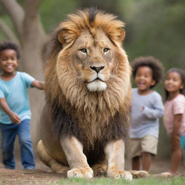 A majestic lion surrounded by playful, joyous children in a calm, safe setting.