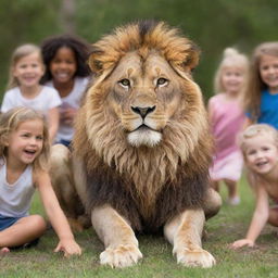 A majestic lion surrounded by playful, joyous children in a calm, safe setting.