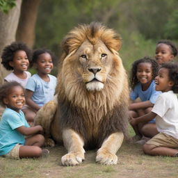 A majestic lion surrounded by playful, joyous children in a calm, safe setting.