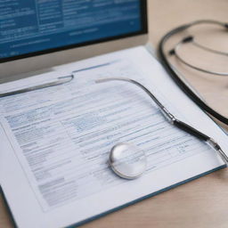 An engaging professional image representing medical coding. Feature elements like a stethoscope, medical charts, the ICD-10 code book, and a computer.