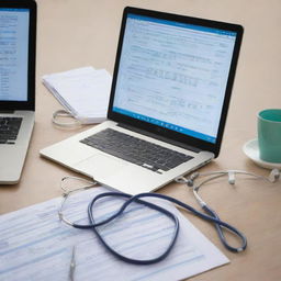 An engaging professional image representing medical coding. Feature elements like a stethoscope, medical charts, the ICD-10 code book, and a computer.