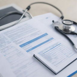 An engaging professional image representing medical coding. Feature elements like a stethoscope, medical charts, the ICD-10 code book, and a computer.