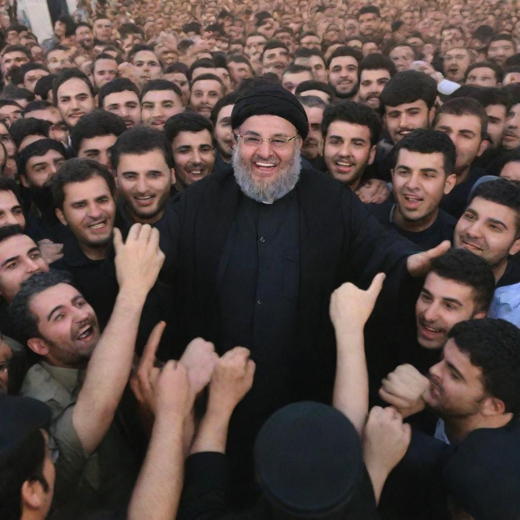 Amer Nasrallah surrounded by a large crowd, all appearing happy and excited.