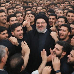 Amer Nasrallah surrounded by a large crowd, all appearing happy and excited.