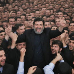 Amer Nasrallah surrounded by a large crowd, all appearing happy and excited.