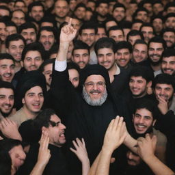 Amer Nasrallah surrounded by a large crowd, all appearing happy and excited.